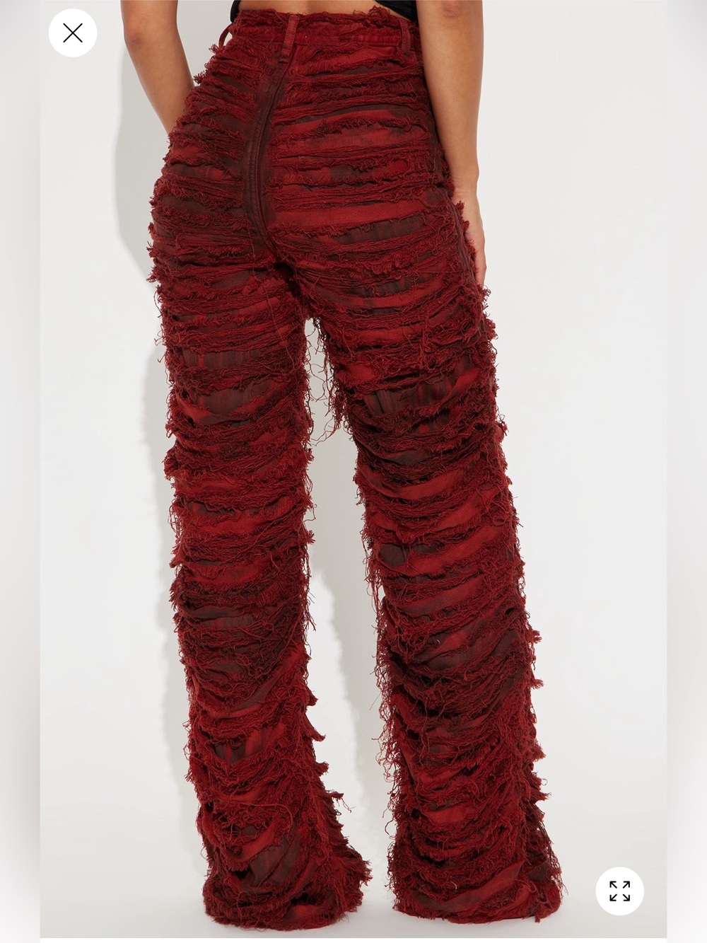 Fashion Nova Burgundy Distressed Fringe Jeans